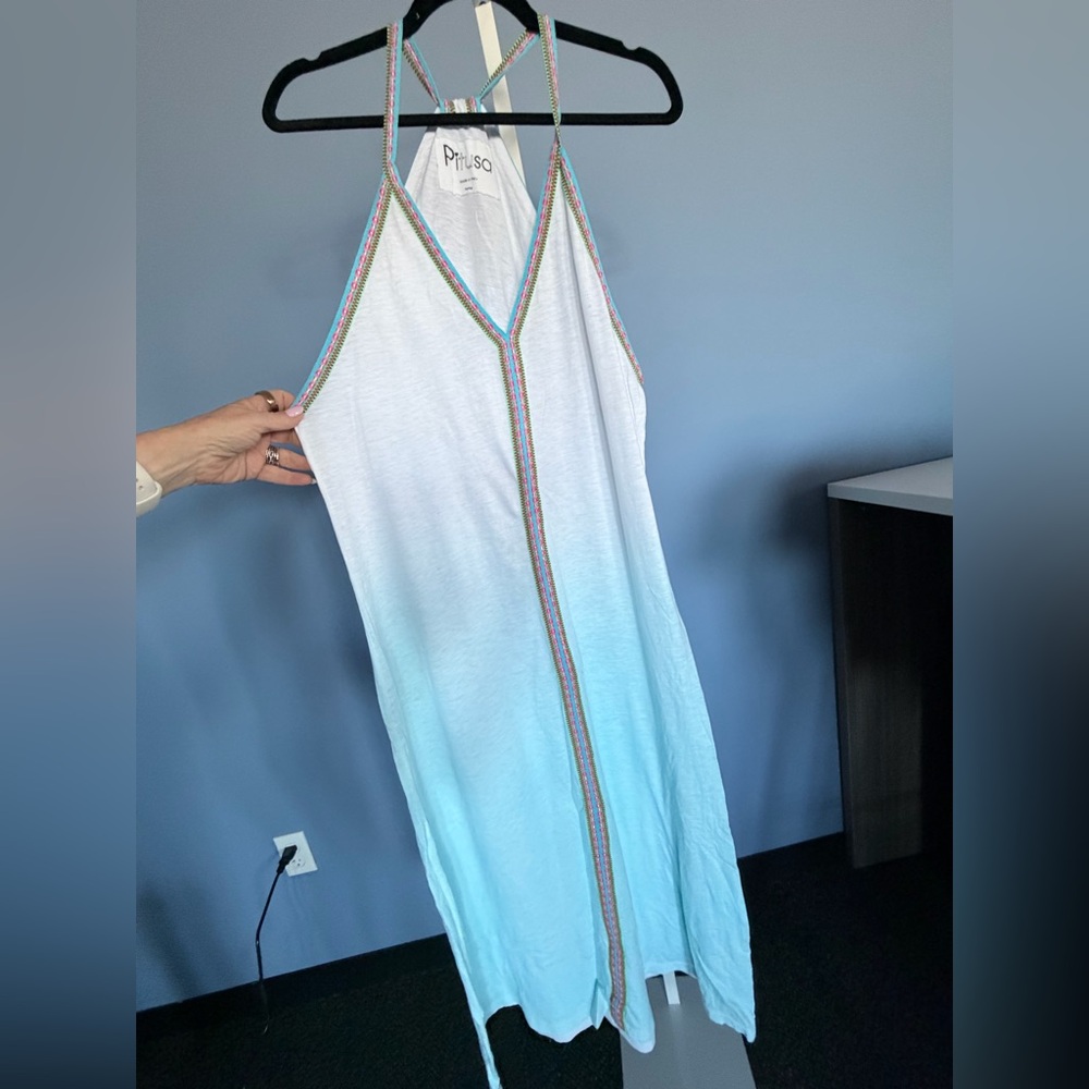 Pitusa Light Blue Ombre Maxi Dress with Rainbow Trim